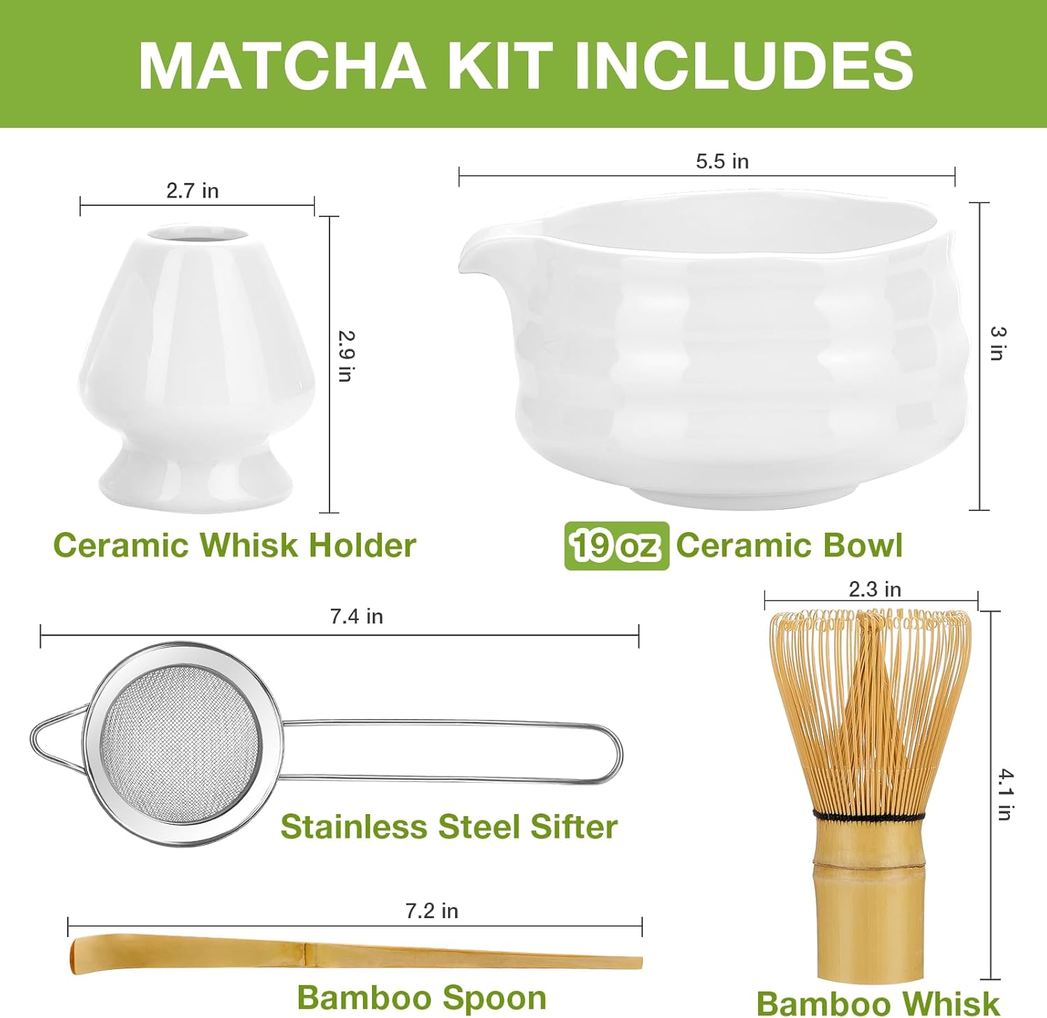 Matcha Whisk Set, Japanese Tea Set (5pcs) includes Matcha Bowl with Spout (19 oz), Bamboo Whisk and Matcha Scoop, Whisk Holder, Stainless Steel Sifter, Tea Making Tools, Matcha Kit