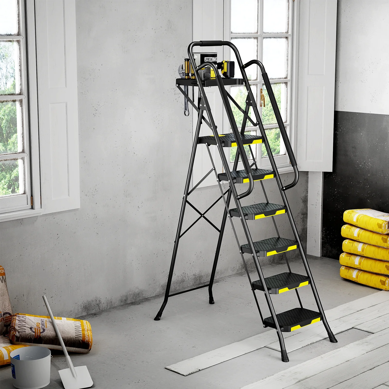 KK KINGRACK 6 Step Ladder, Metal Ladder with Tool Platform&Handrails, 800 lbs Capacity, Black - Image 7