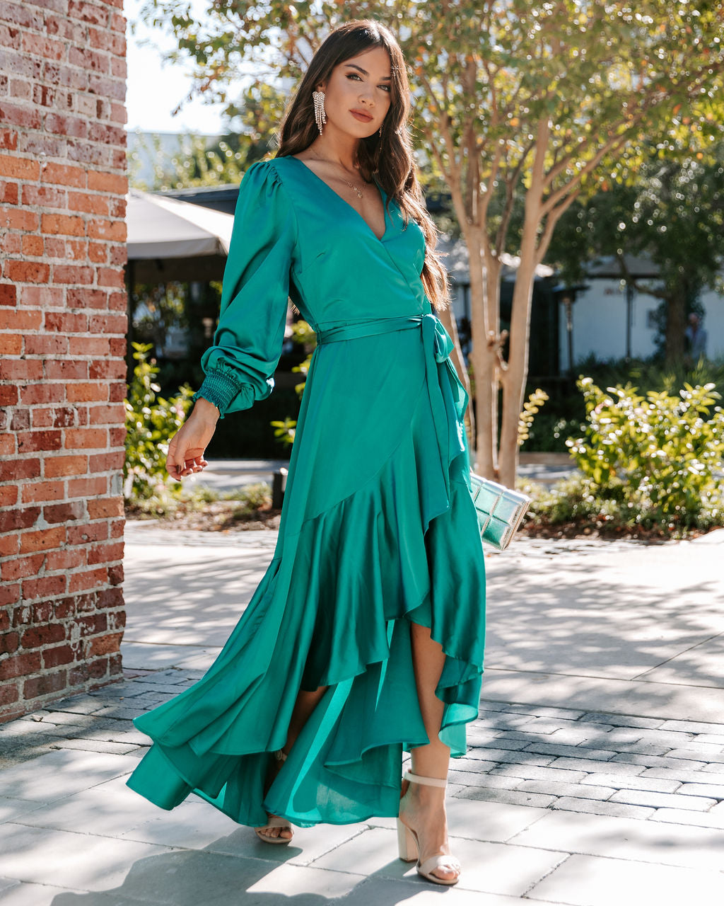 Irresistible Desire Satin Ruffle Maxi Dress - Emerald - Se7enfashion