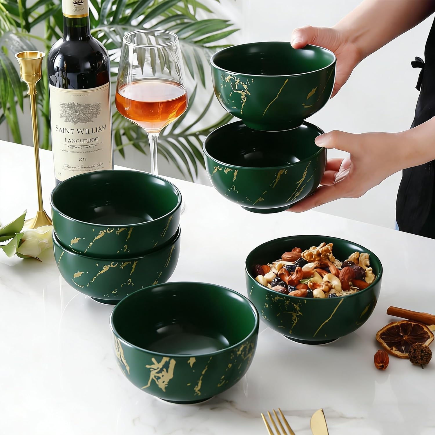 6-Piece Green and Gold Marble Ceramic Bowls, 20 oz – Bohemian Soup & Cereal Bowl Set, Dishwasher & Microwave Safe, for Ramen, Pasta, Salad, Dessert