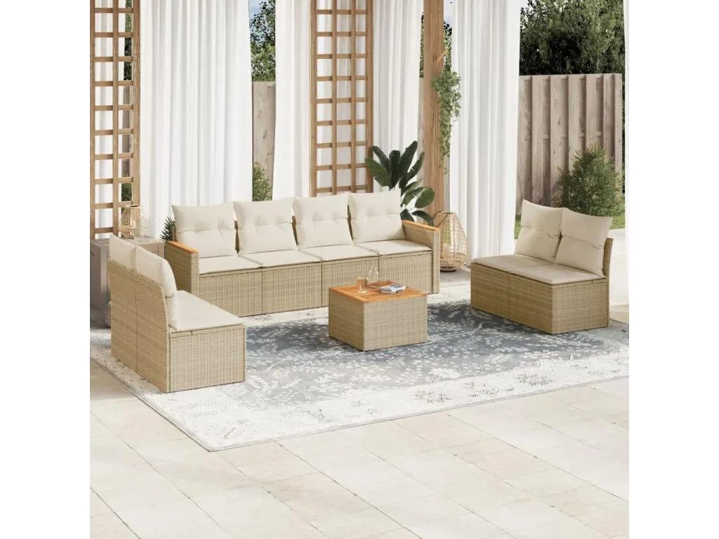 Set de sofás de jardín 9 pzas con cojines ratán sintético beige