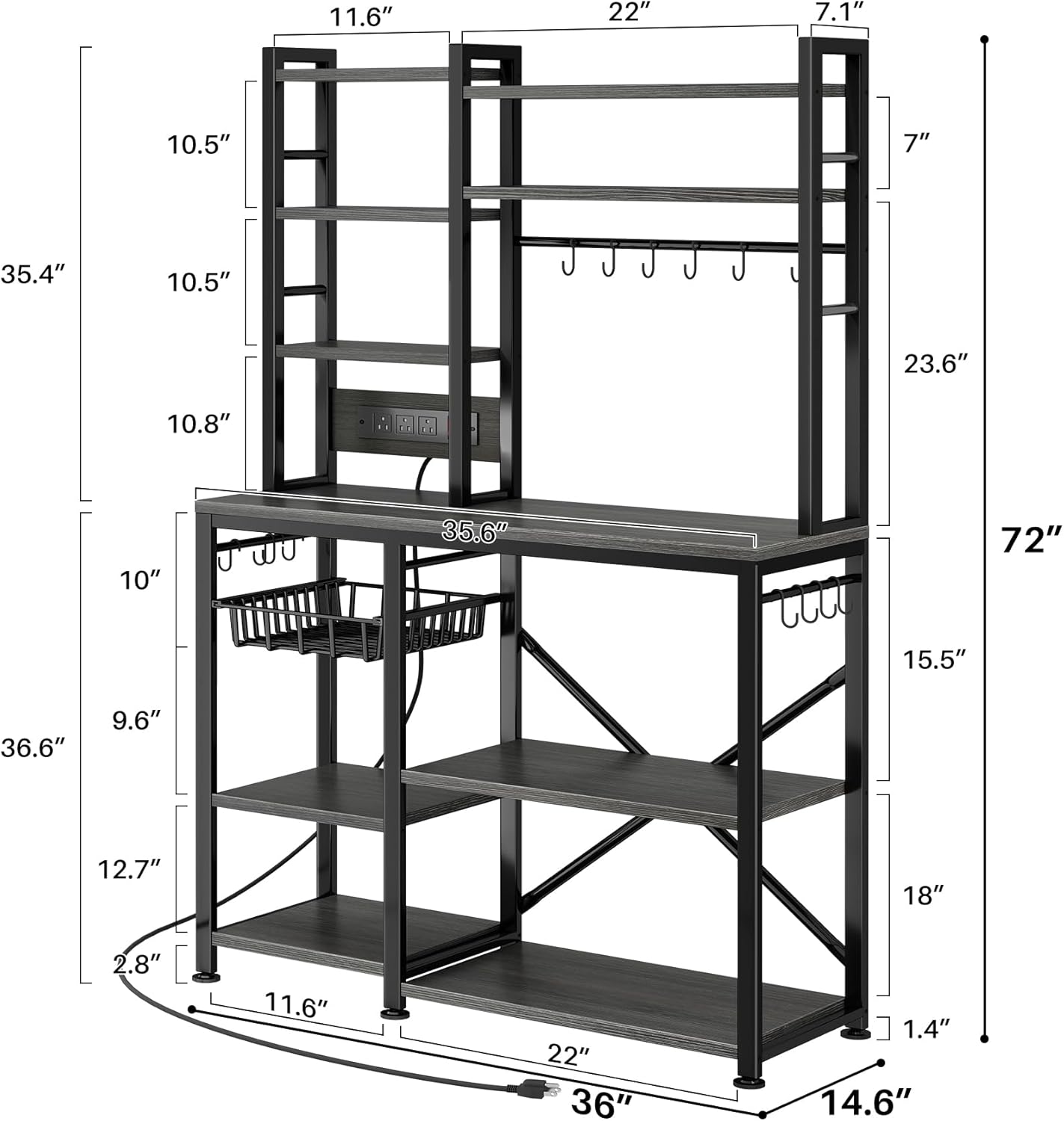 SNTD Baker Rack with Power Outlet - Microwave Stand with Storage, Large Coffee Bar Station with 14 Hooks, Metal Kitchen Shelf Rack for Spices, Pots (Rustic Grey)