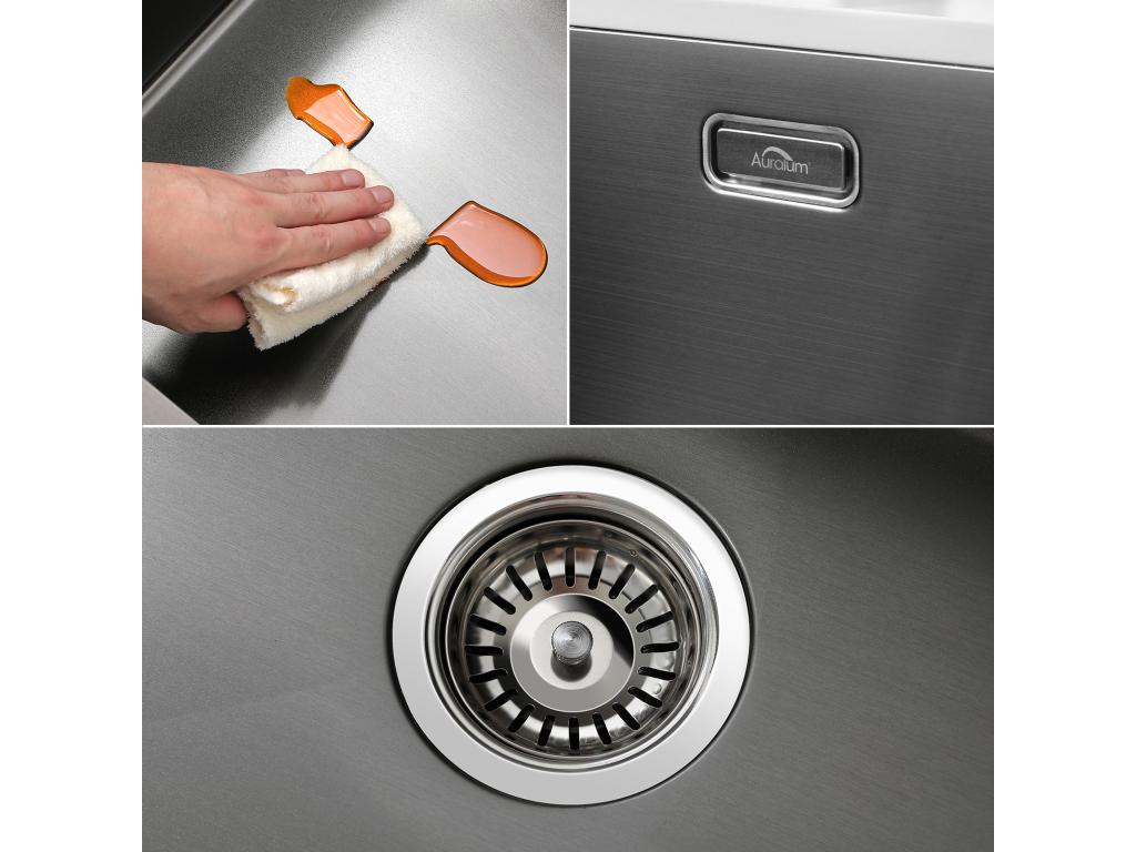 2 en1 Fregadero de Cocina 1 Bandeja 55*44*19CM, Empotrable/Fleur/ Sous-Plan, Negro +Grifo Cocina DuchaTe Extragible Gris Oscuro Rotativo 360 °