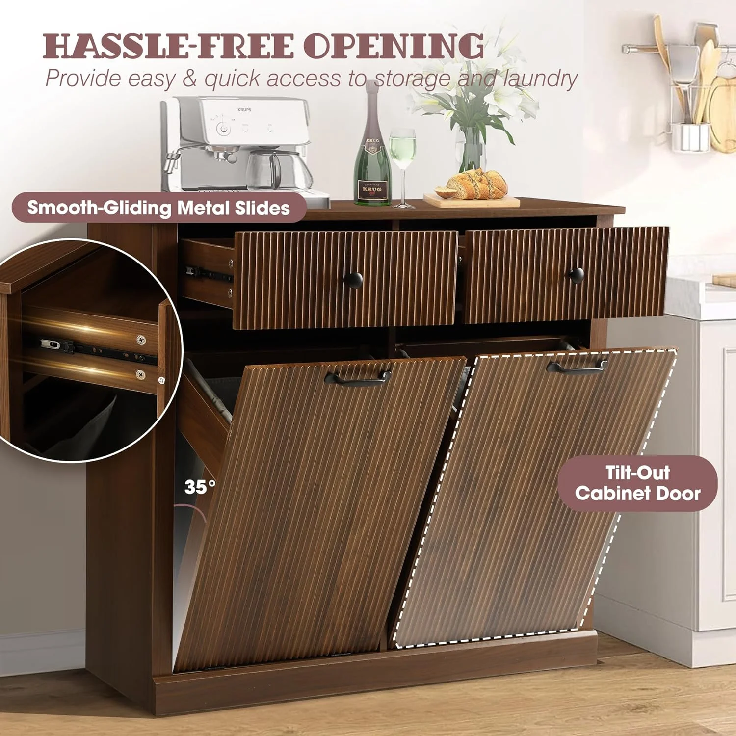 Haverchair Double Tilt Out Laundry Hamper Cabinet, Modern Fluted Trash Can Cabinets with Drawer, Wooden Hidden Garbage Cabinet for Kitchen and Bathroom - Image 10