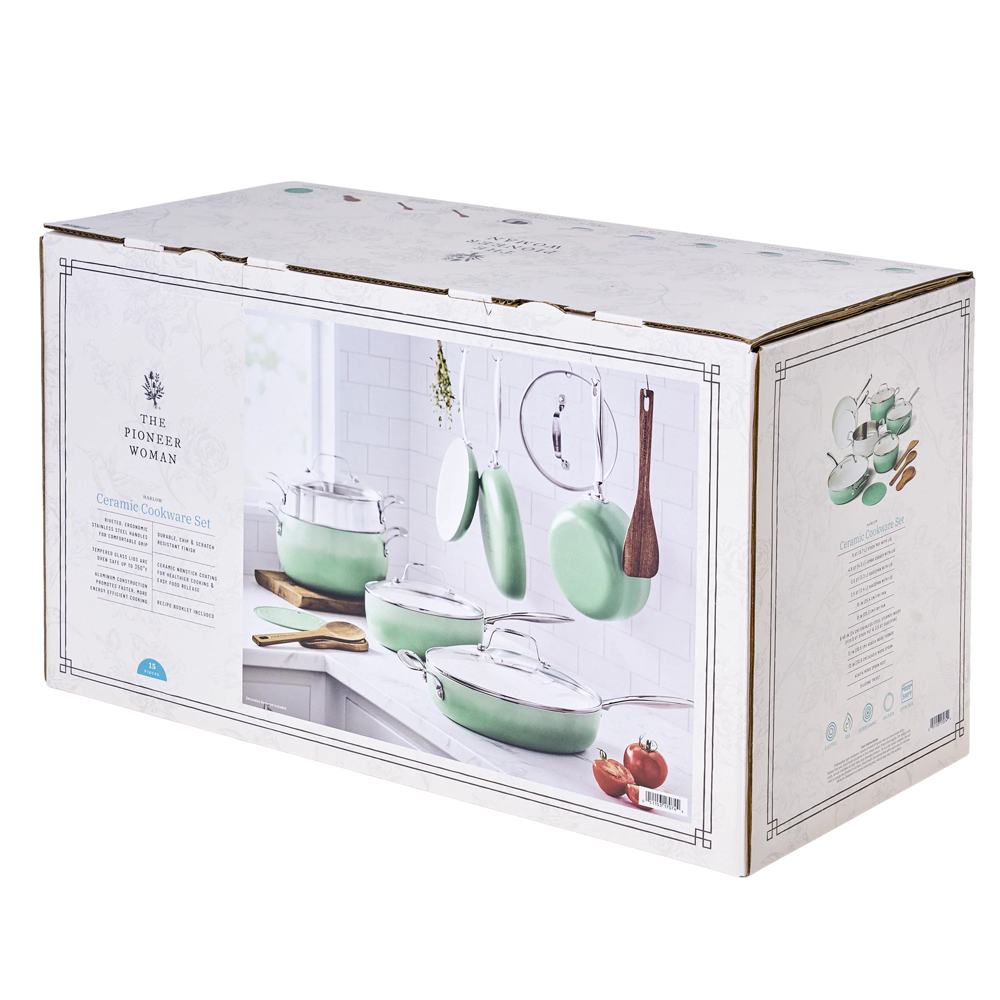 The Pioneer Woman Harlow 15-Piece Cookware Set, Ceramic Non-Stick Pots and Pans Set, Taupe - Image 37