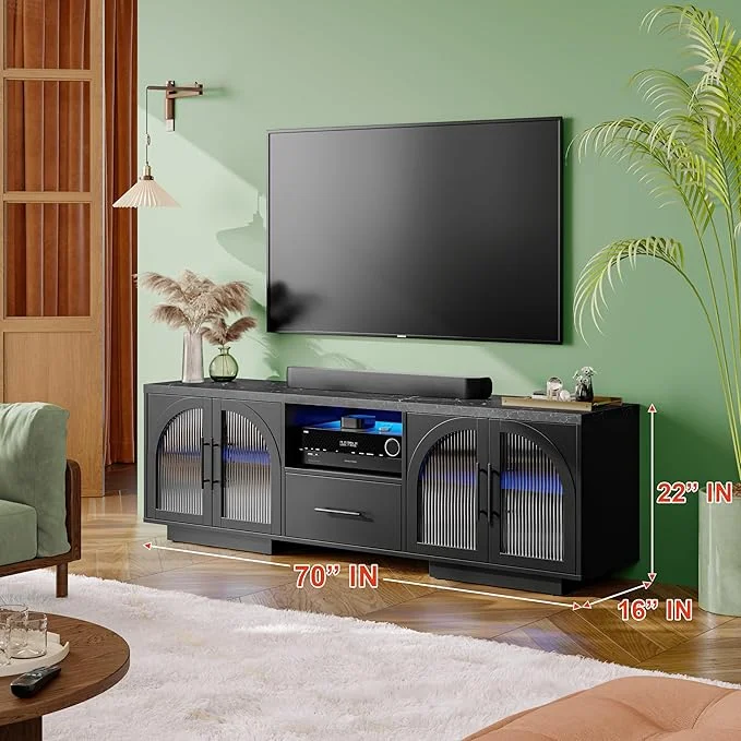 TV Stand for 75 inch TV, LED TV Stand for Living Room,70" Entertainment Center with Arched Glass Doors, Faux Marble Wood Finish Top, Adjustable Shelves, and LED Lighting, Black - Image 7