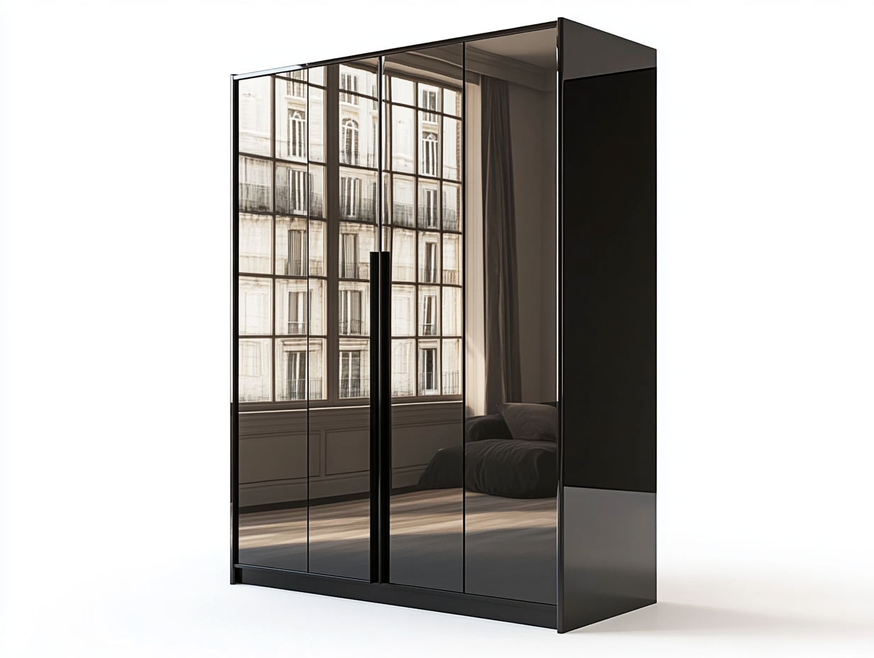 Armario negro con acabado brillante y puertas con espejo, función de ensamblaje, vidrio templado y MDF, tamaño: 150x60x210 cm, color negro, ideal para dormitorio moderno o vestidor