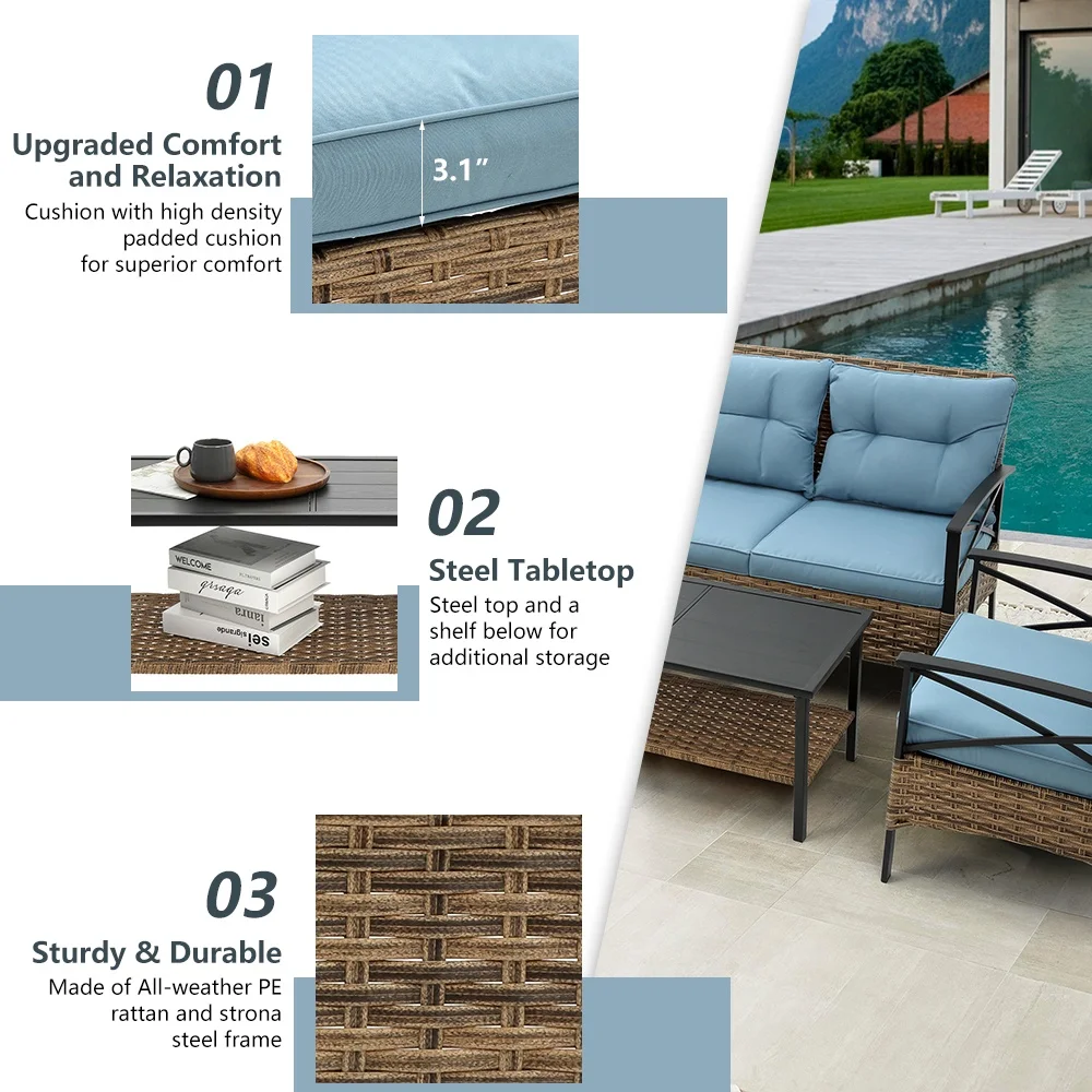 Patio Sofa Set, 4 Pieces Outdoor Sectional Furniture, All-Weather PE Rattan Wicker Patio Conversation Set, Cushioned Sofa Set with Coffee Table for Patio Garden Poolside Deck - Image 35