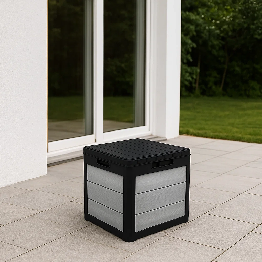 Baúl de jardín,color negro,estructura de resina,uso exterior,52x52x52 cm