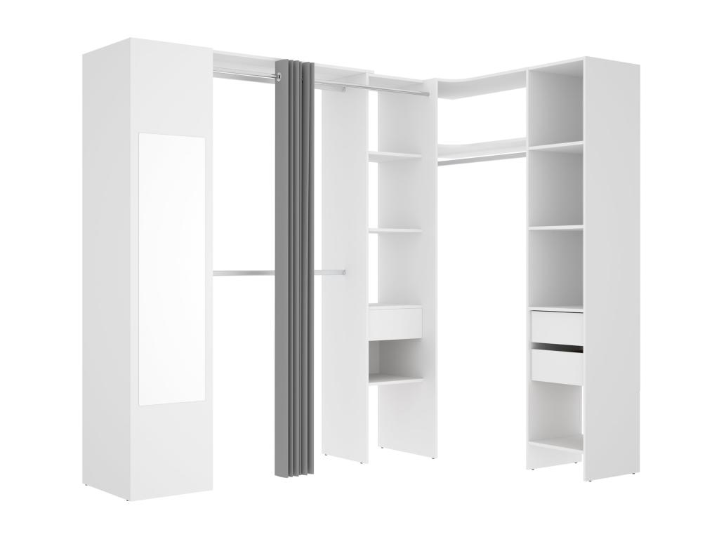 Armario ropero de esquina 1 puerta con cortina y espejo - 231 cm - blanco y gris