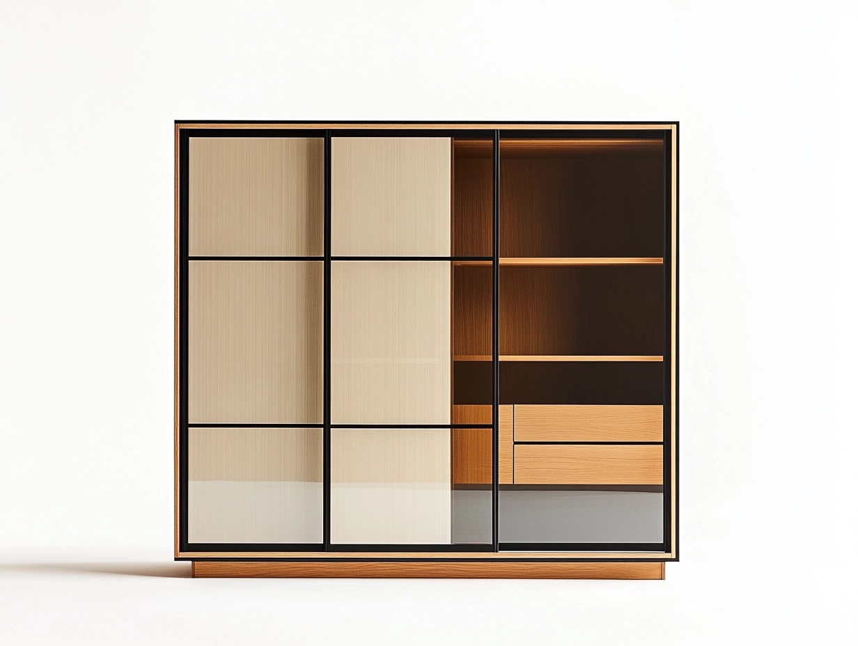 Armario de madera moderno con puertas correderas de vidrio para dormitorio 200x180x60 cm marrón claro y negro ue8672170