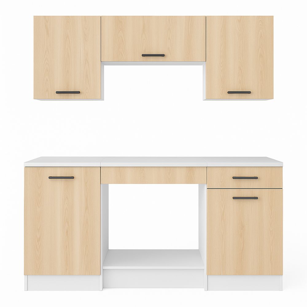 Escritorio moderno con armarios superiores,estilo nórdico,color madera clara,estructura funcional,ideal para oficina o estudio