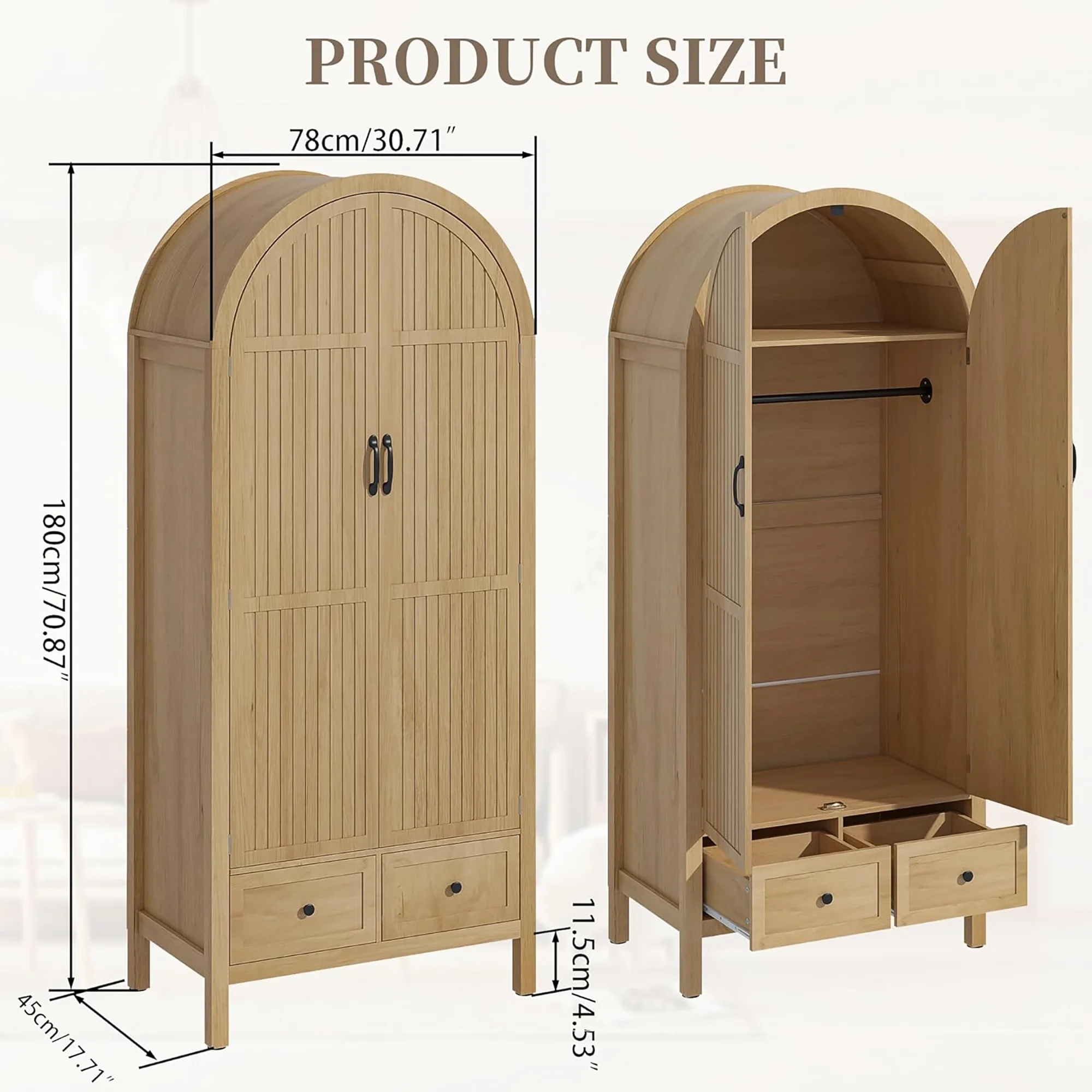Oubayajia Arched Armoire Wardrobe Closet with Fluted Doors, Wooden Wardrobe Closet with Drawers, Shelves and Hanging Rod for Bedroom - Image 9