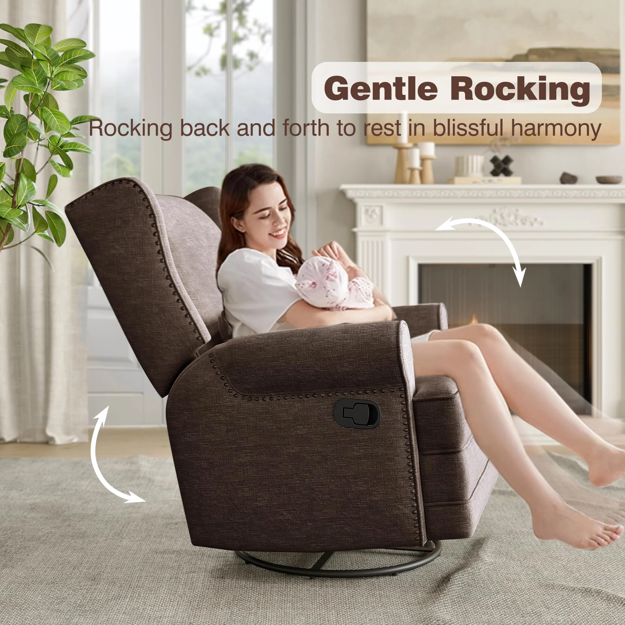 Royalcraft Swivel Nursery Glider Recliner, Comfy Upholstered Glider Chair with Lumbar Pillow and Footrest, Beige - Image 29