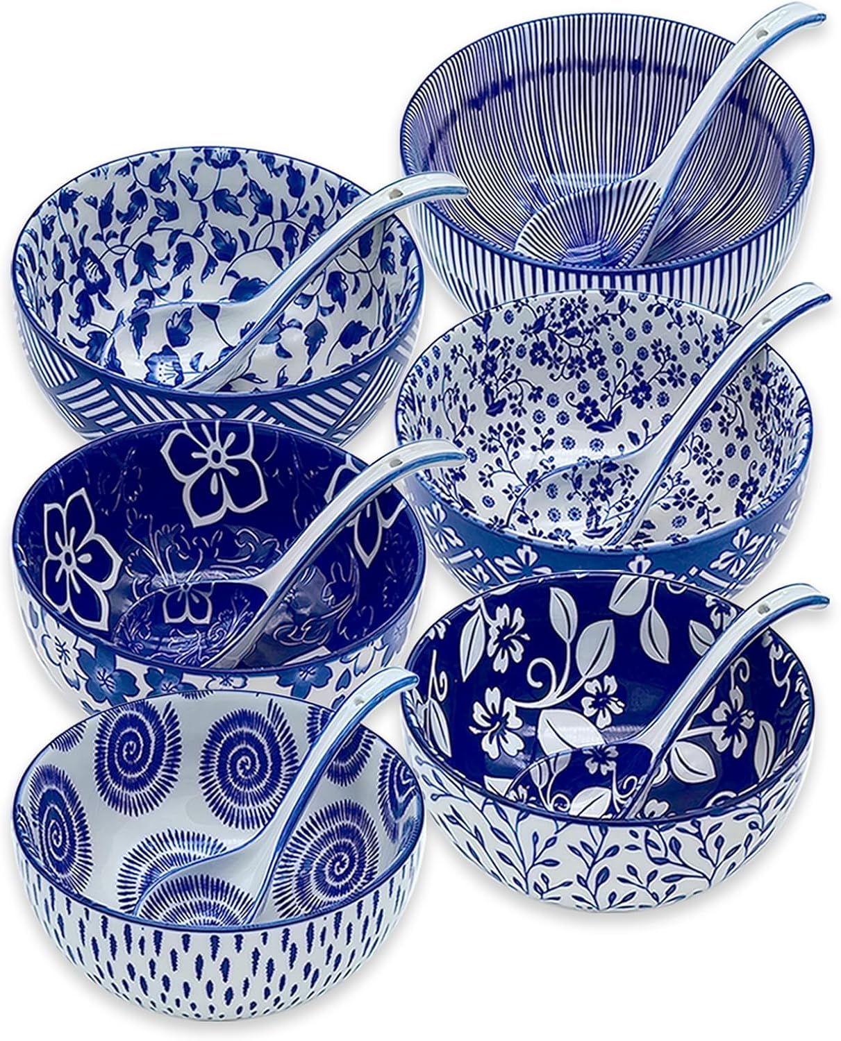 Japanese Ceramic Bowls Set of 6, 28 Oz Large Asian Porcelain Ramen Soup Salad Cereal Noodle Bowl with 6 Spoons, Deep Bowl for Kitchen Decor and Housewarming Gift, Dishwasher & Microwave Safe