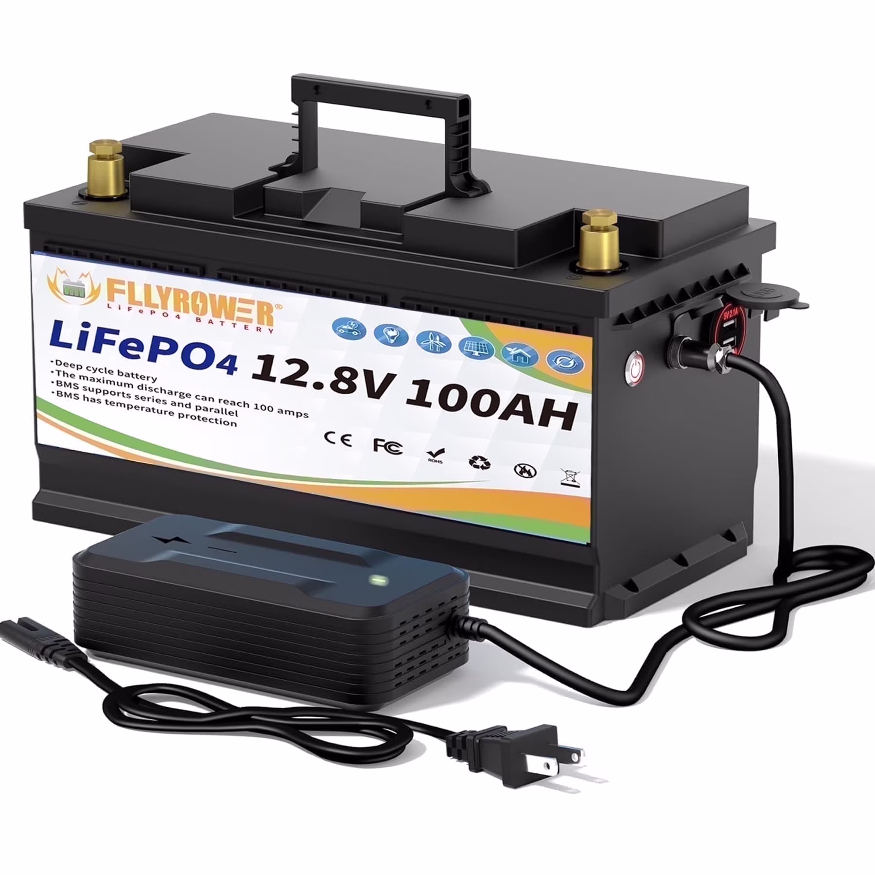 12V 100ah LiFePO4 Lithium Battery with a Charger, for RV, Marine, Solar, Trolling Motor, Camping, Home Energy Storage, Built in 100A BMS, 15000+Deep Cycles(2PACK)