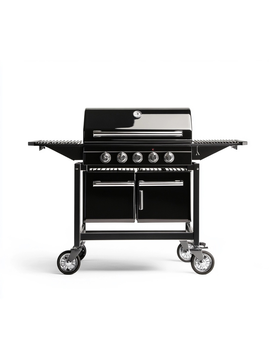 Barbacoa a gas negra con 4 quemadores, estructura de acero para exterior 109x94x54 cm