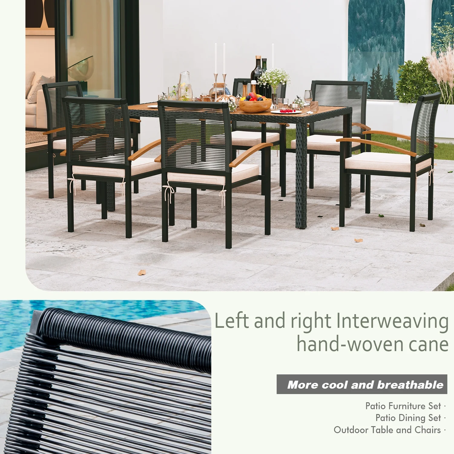7 Pieces Outdoor Table and Chairs Outdoor Patio Furniture Set Wicker Patio Dining Sets for 6 Patio Table and Chairs Set Outdoor Furniture Set for Garden Yard Porch and Poolside - Image 5
