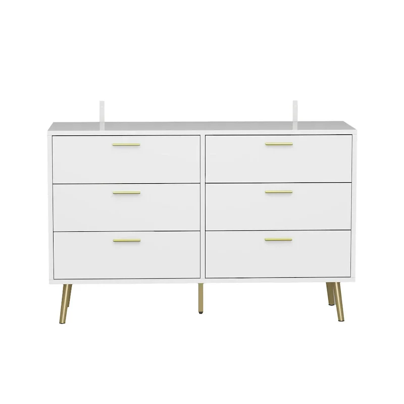 Elegant 6-Drawer Double Dresser with Gold Accents for Stylish Bedroom Storage