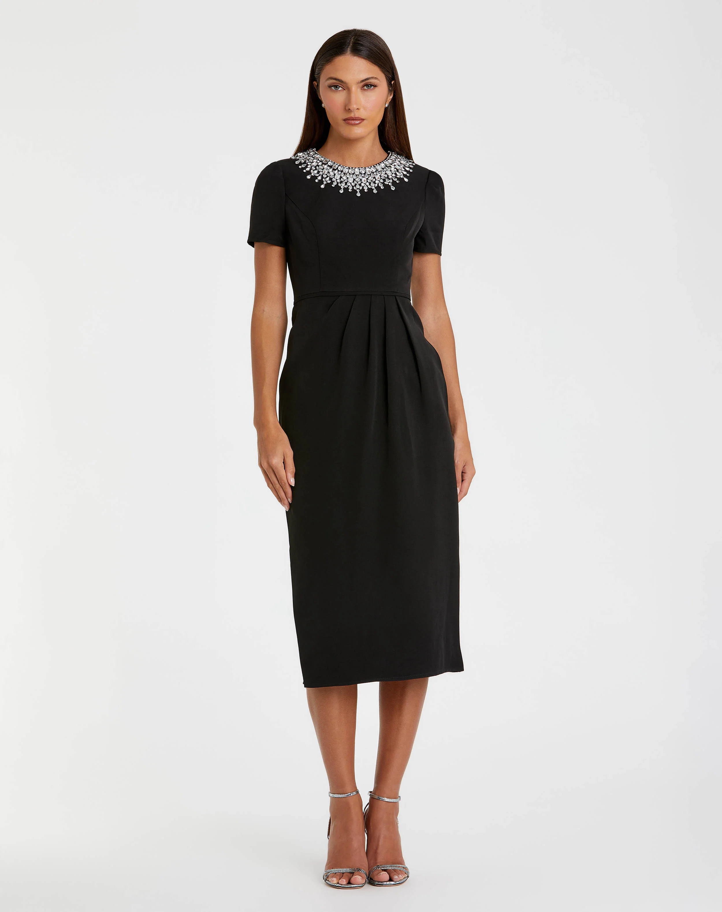 Petite Black Short Sleeve Rhinestone Neckline Midi Dress - Special Events Unlimited