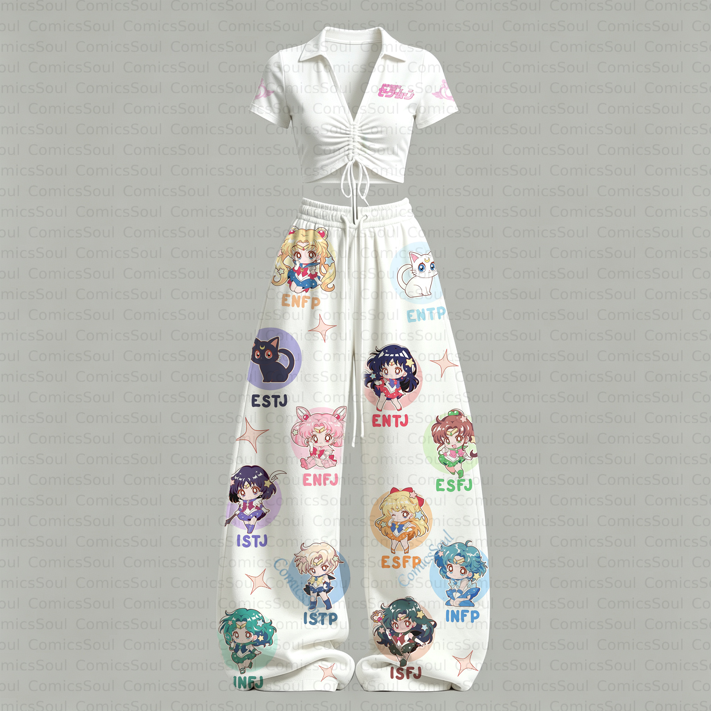 Sailor Moon Drawstring Short Sleeve Top & Long Pants Two-Piece Set