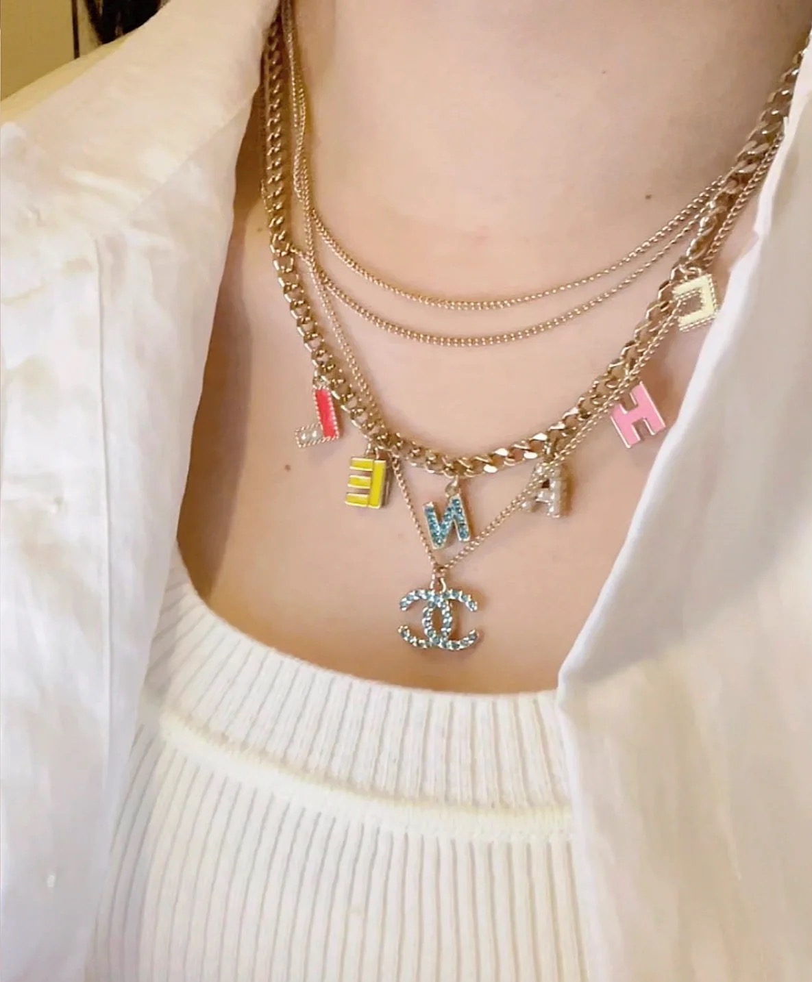 Chanel Multi Layered Light Gold Color Monogram Charms Necklace - Original Replica Club