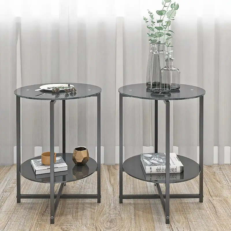 Black 2-Piece Tempered Glass End Table Set - Round Coffee Table for Bedroom, Living Room, and Office