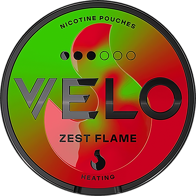 VELO Zest Flame 10mg nicotine pouches — Slim Moist can with 20 strong citrus-spice pouches