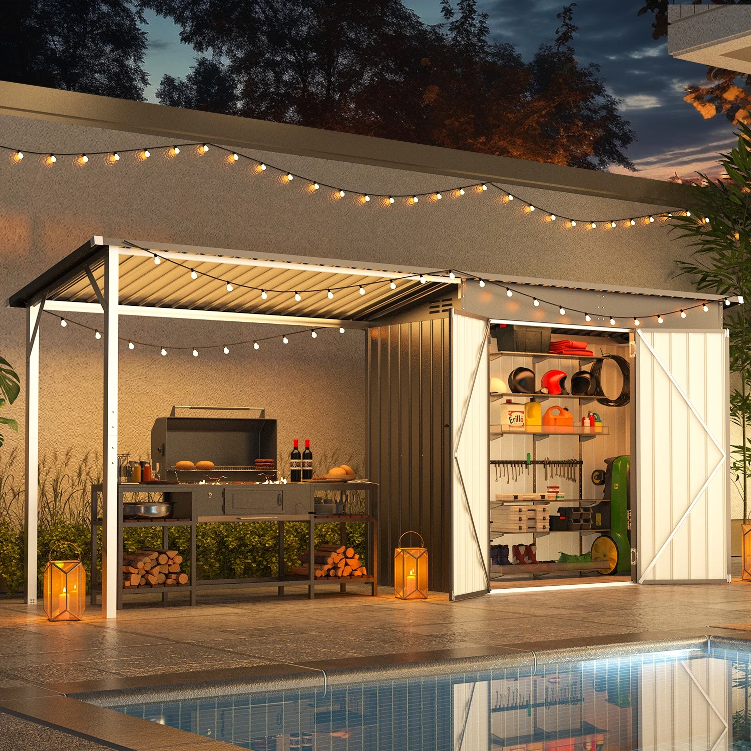 YODOLLA Outdoor Open-Sided Storage Shed, 3x5 Sheds & Outdoor Storage with 15 Sq. Ft Covered, 5x3 Small 2-in-1 Tool Shed with Attached Hardtop Metal Pergola Gazebo - Image 14
