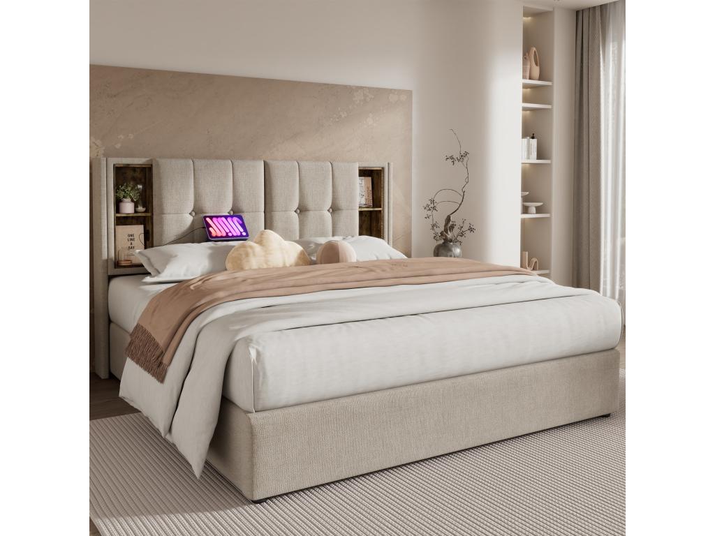 Cama de adulto, marco de cama doble tapizado de 180x200 cm con espacio de almacenamiento y cargador USB C inalámbrico, marco de cama de madera y lino natural