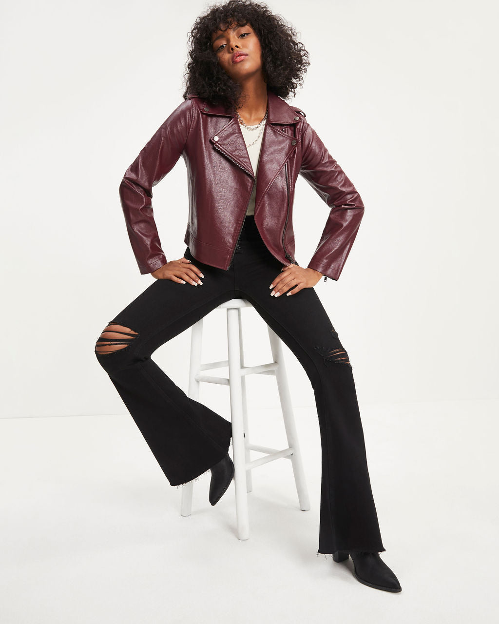 Jingle Bell Rock Pocketed Faux Leather Biker Jacket - Wine - Se7enfashion