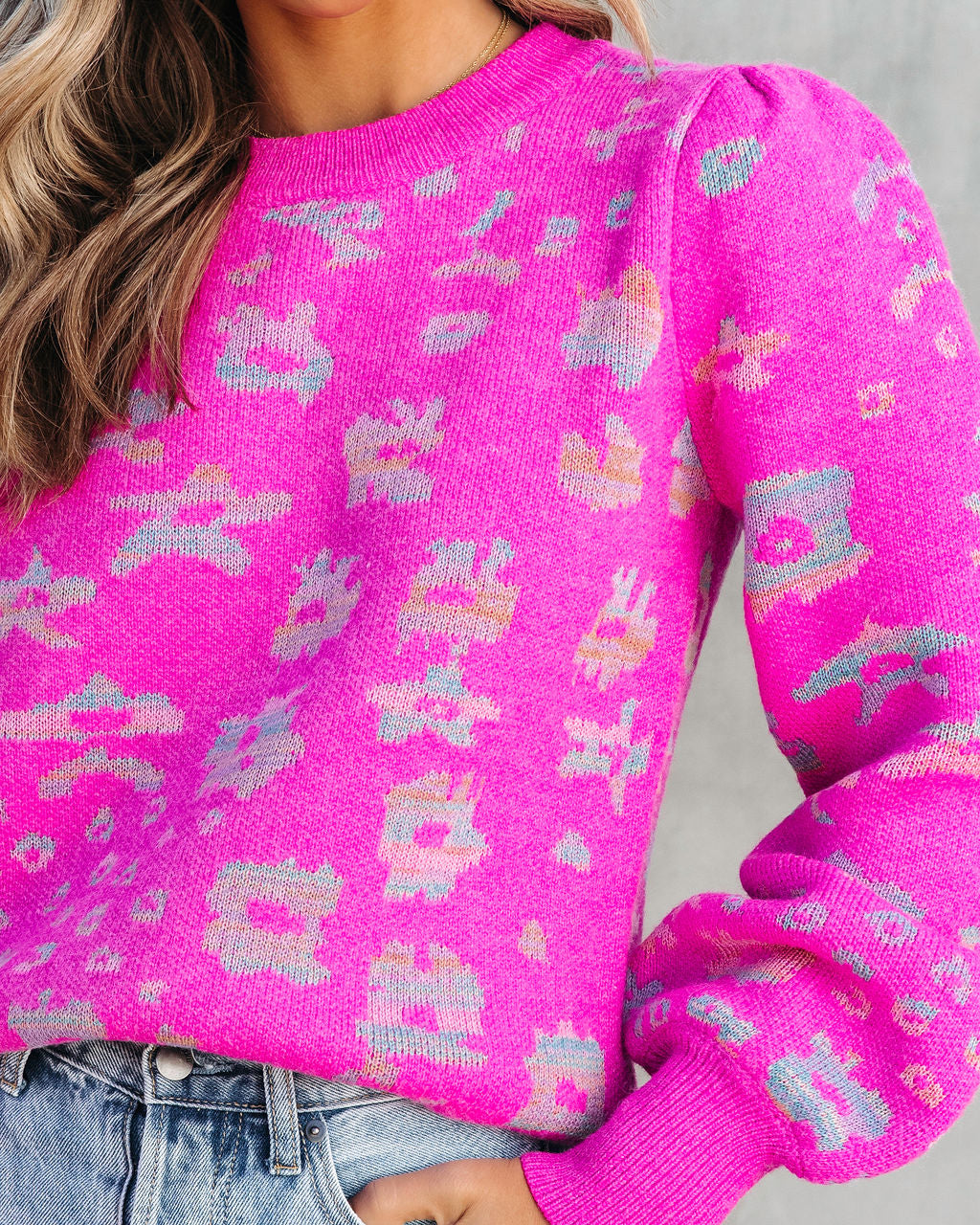 Danielle Knit Balloon Sleeve Pullover Sweater - Fuchsia - Se7enfashion