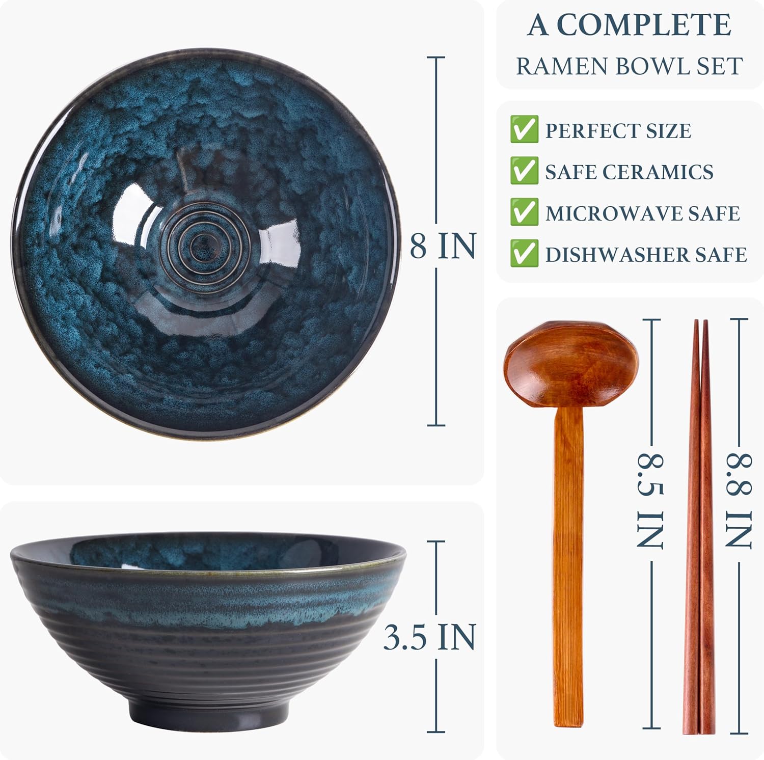 40oz Japanese Ceramic Ramen Bowl Set of 2 with Chopsticks and Spoons for Pho Udon Asian Soup Noodles (Nebula Blue)