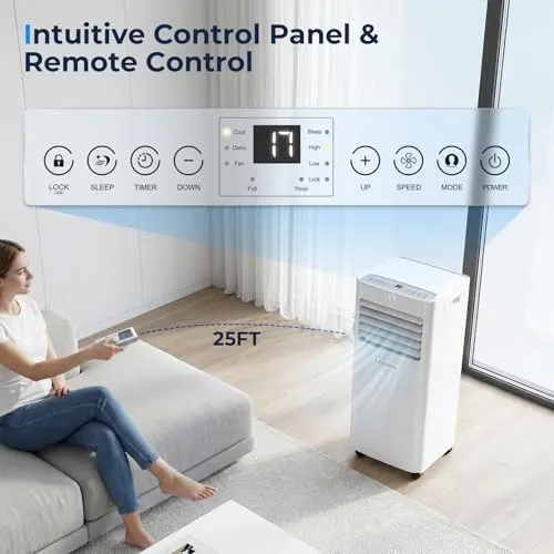9000 BTU Portable Air Conditioner, 4-in-1 Cooling, Dehumidifier, Fan & Sleep Mode, Remote Control, 24-Hour Timer, Exhaust Hose Kit, Energy Class A