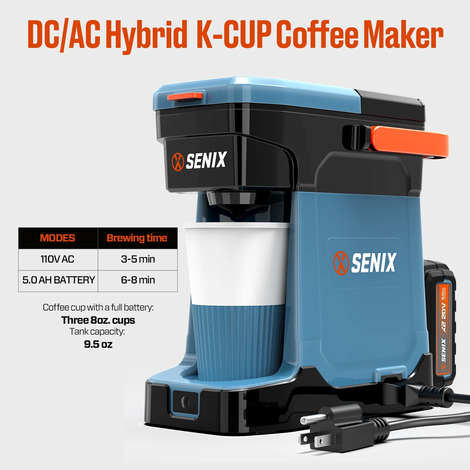 SENIX Single Serve Coffee Maker, Plug-in & Battery Coffee Machine, 8oz, Compatible with K-Cup, Grounds, Pods for Travel, Camping, Outdoor, Home, Job Sites - Includes Battery & Charger - Image 6