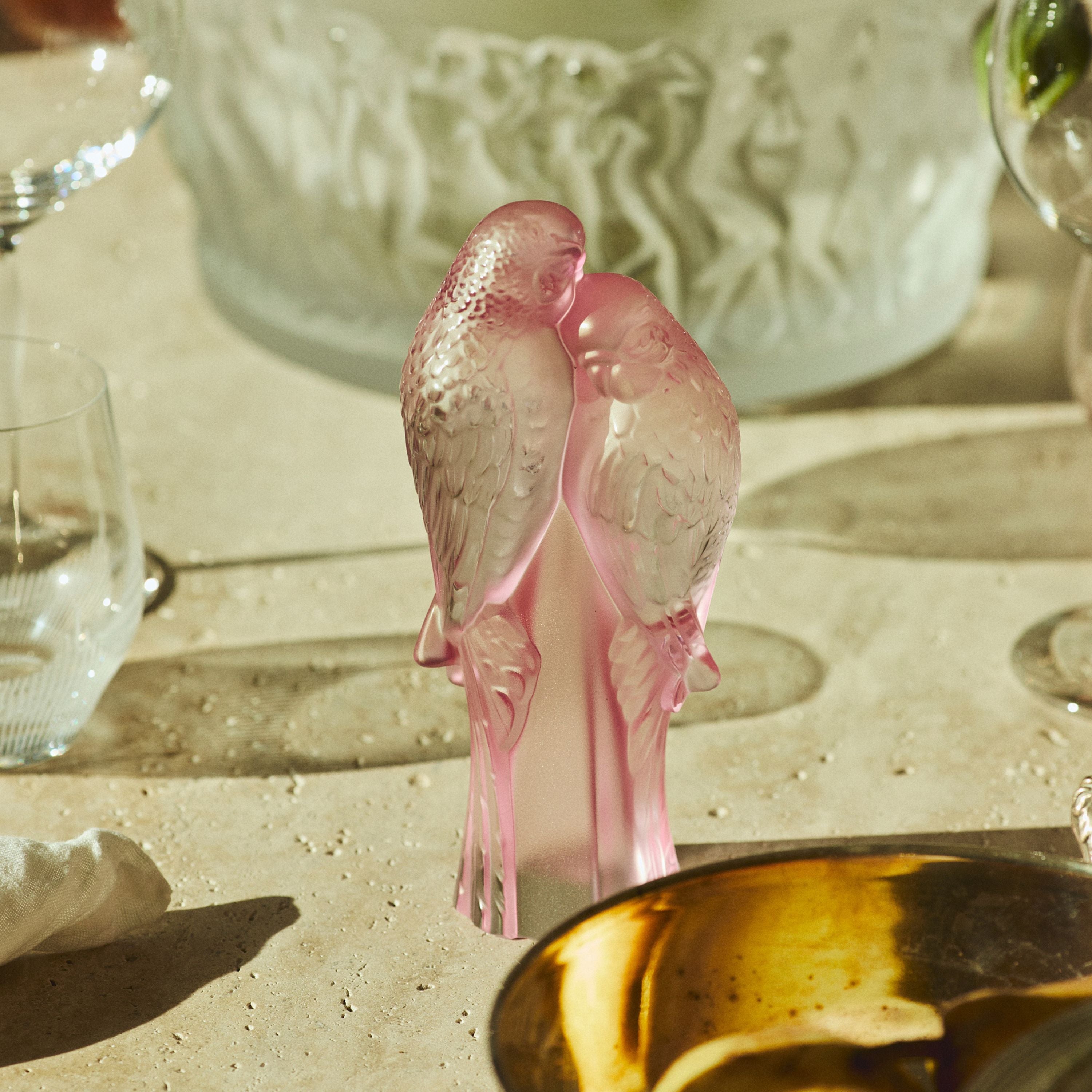 SCULPTURE 2 PERRUCHES - CRISTAL LUSTRÉ ROSE