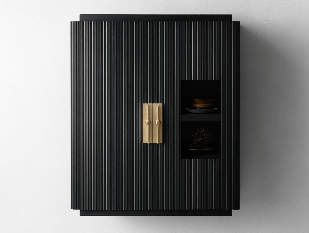 Armario de Almacenamiento Mural Negro con Puertas Doradas de Madera