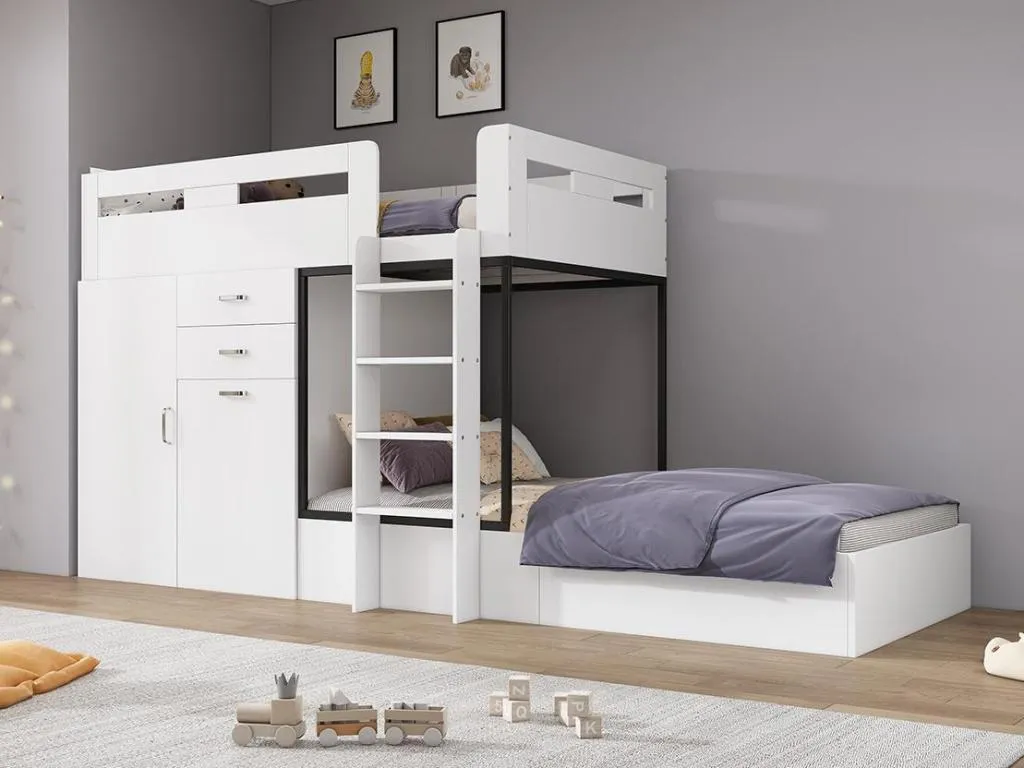 Litera multifuncional - 2x90x200 cm - con armario y escritorio corredero - Blanco (sin colchón) iybc06714