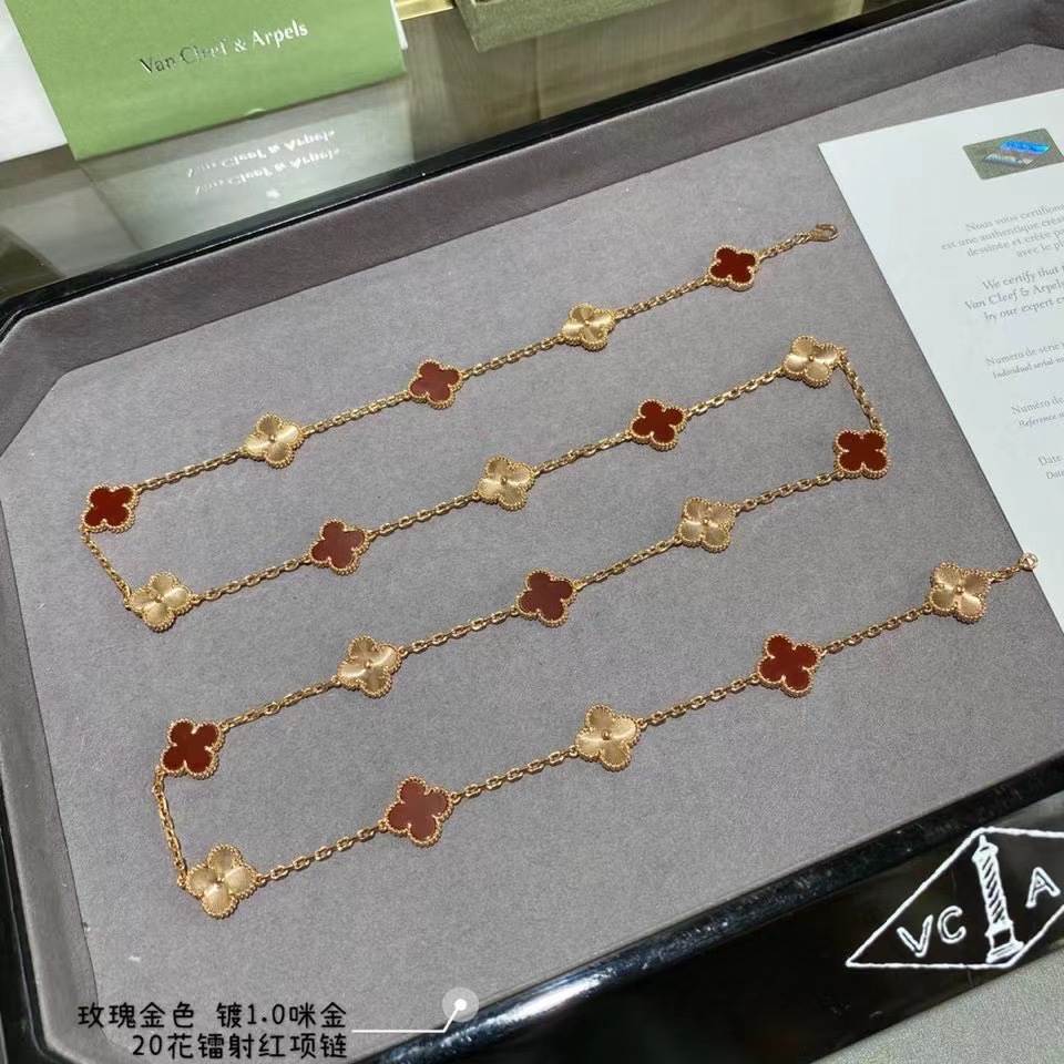 VCA Vintage Alhambra Rose Gold Mixed Carnelian Clover Long Necklace - Original Replica Club