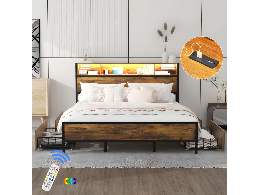 Cama doble con 4 cajones - 180x200cm - con LED y función de carga - estructura de metal - Marrón