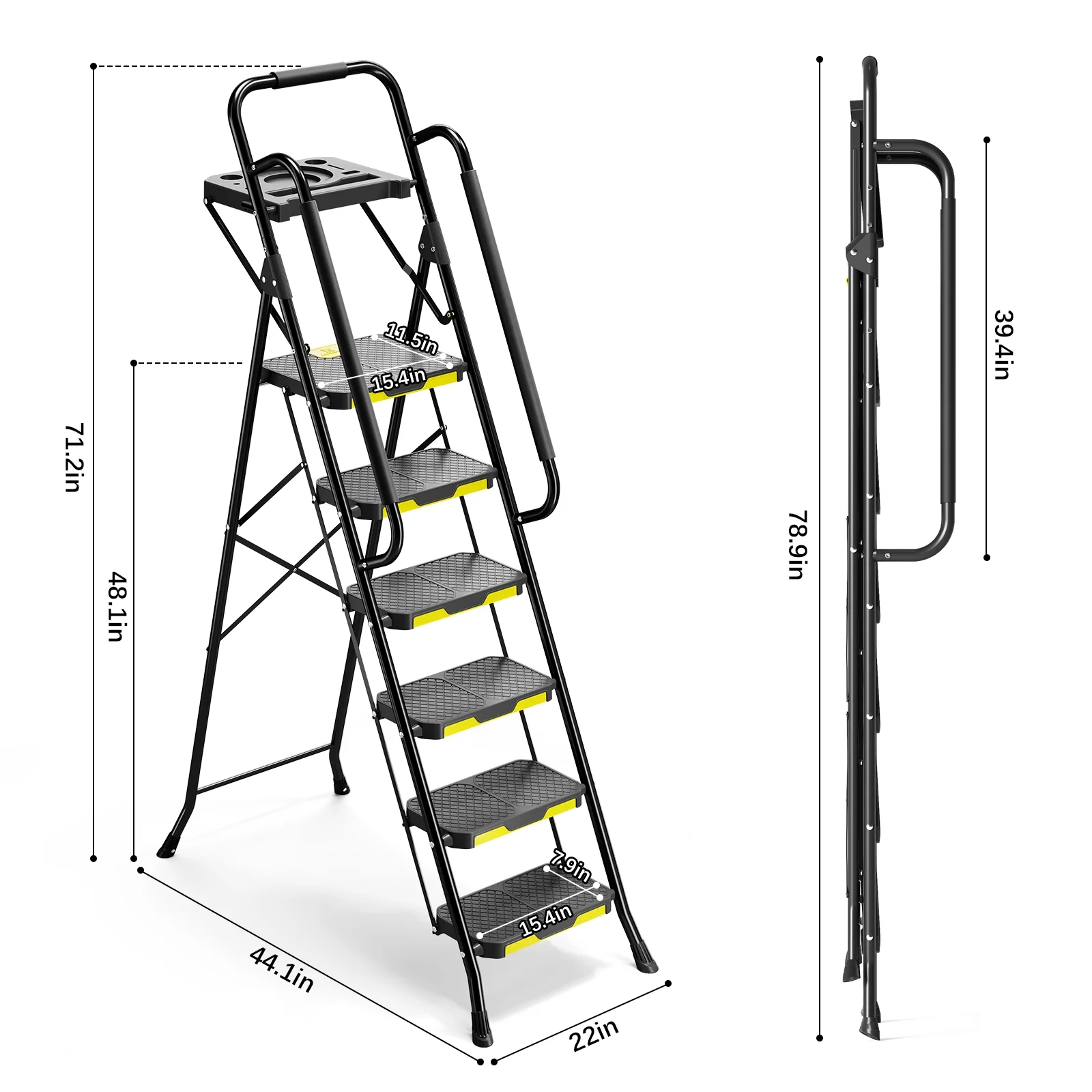 KK KINGRACK 6 Step Ladder, Metal Ladder with Tool Platform&Handrails, 800 lbs Capacity, Black - Image 5