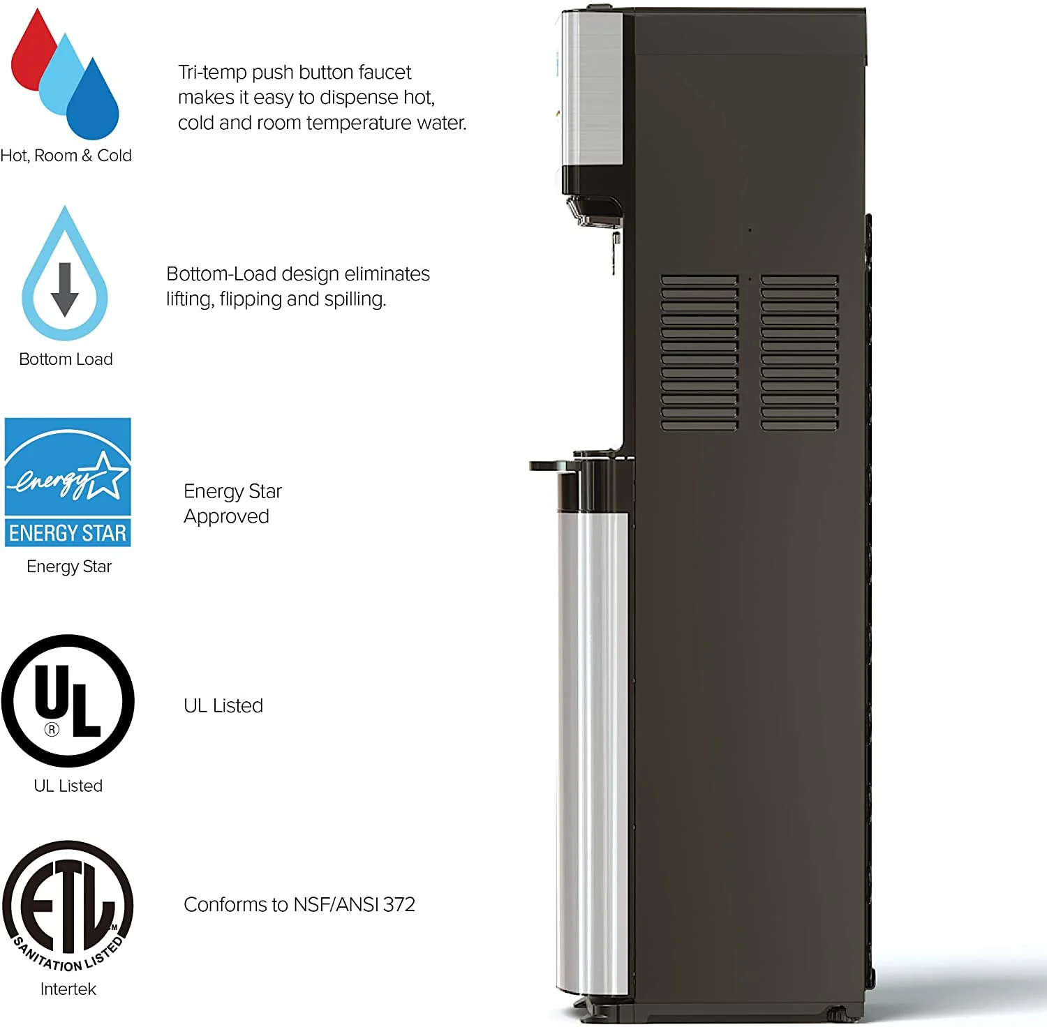Self Cleaning Bottom Loading Water Cooler Water Dispenser 3 Temperature Settings