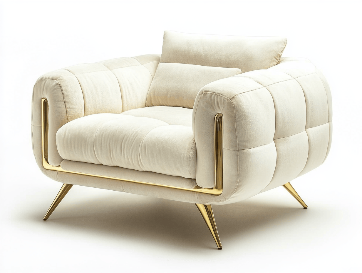 Sillón tapizado moderno con estructura dorada envolvente y cojines suaves
