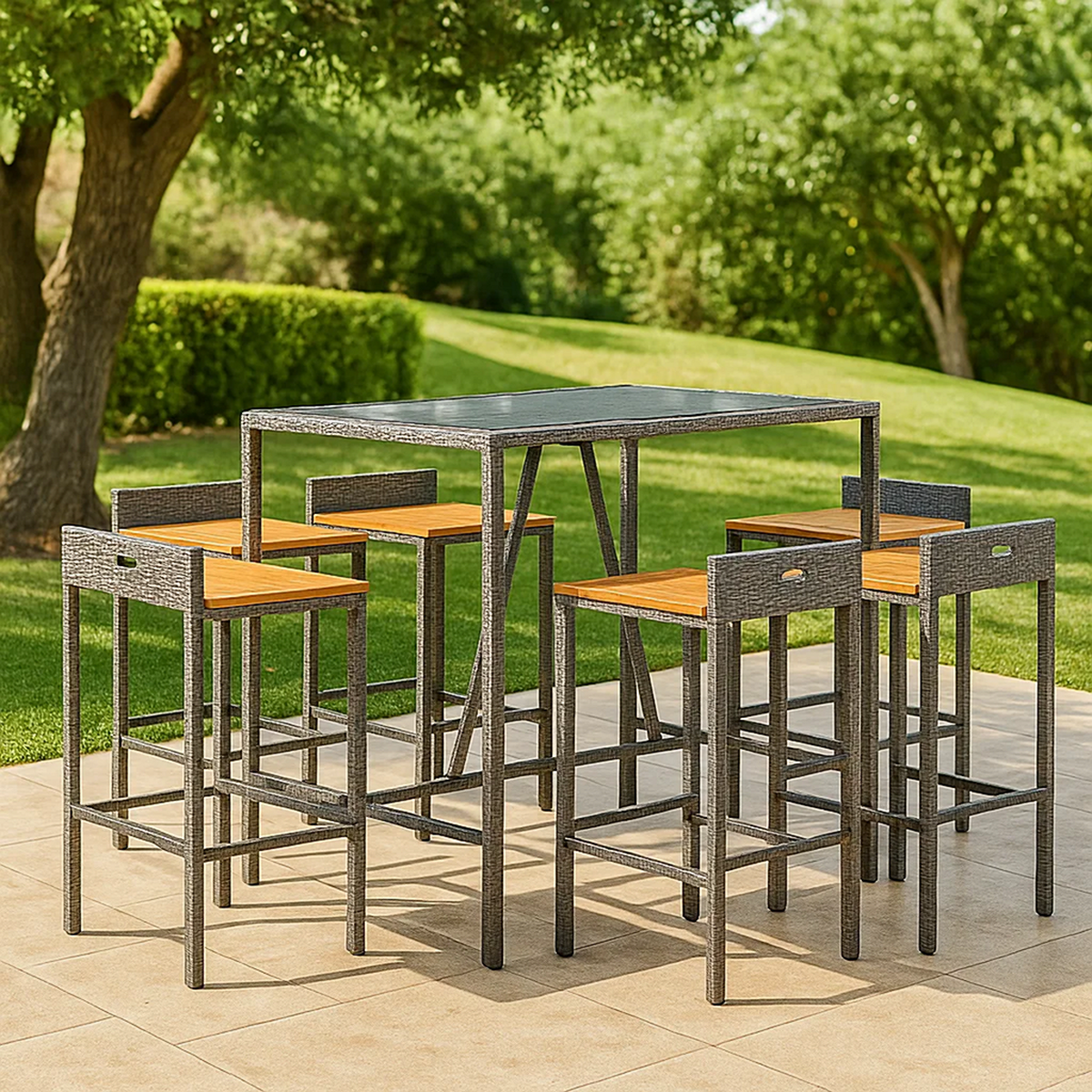 Conjunto de bar para jardín 7 pzas ratán sintético gris y madera – mesa rectangular y 6 taburetes