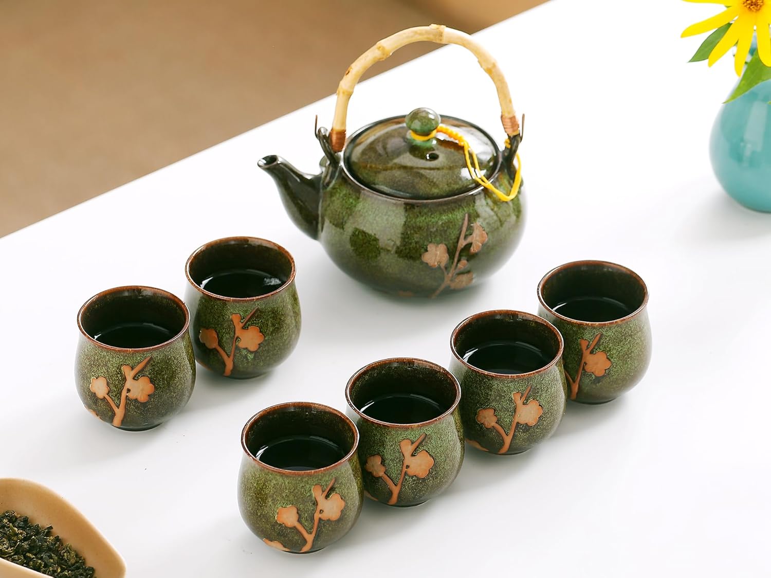 Traditional Japanese tea set, Kiln altered glaze Porcelain tea set with 1 Teapot, 6 Tea cups, 1 Tea Tray,Japanese teapot set, Asian tea sets (Kiln altered-Green)