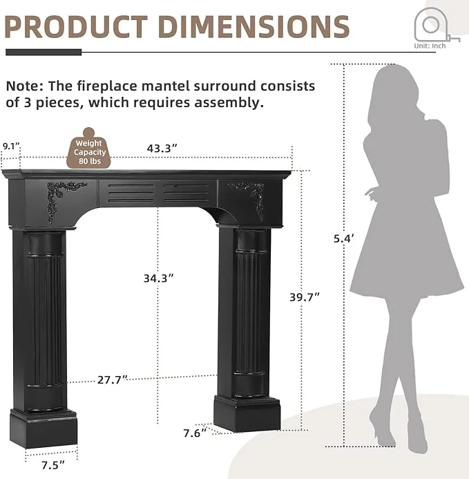EPICOZY 43.3" Fireplace Mantel, Freestanding Fireplace Surround with Leg for Electric Fireplaces, MDF Mantel Surround with Shelf for Living Room with Decorative Pattern, Anti-Tipping & Waterproof - Image 6