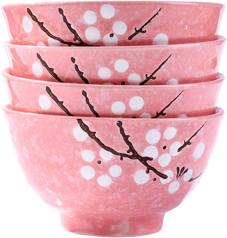 Japanese Rice Bowl Set of 4 Asian Style Hand-painted Floral Plum Ceramic Bowls For Dessert Snack Cereal Soup Sushi Sauce