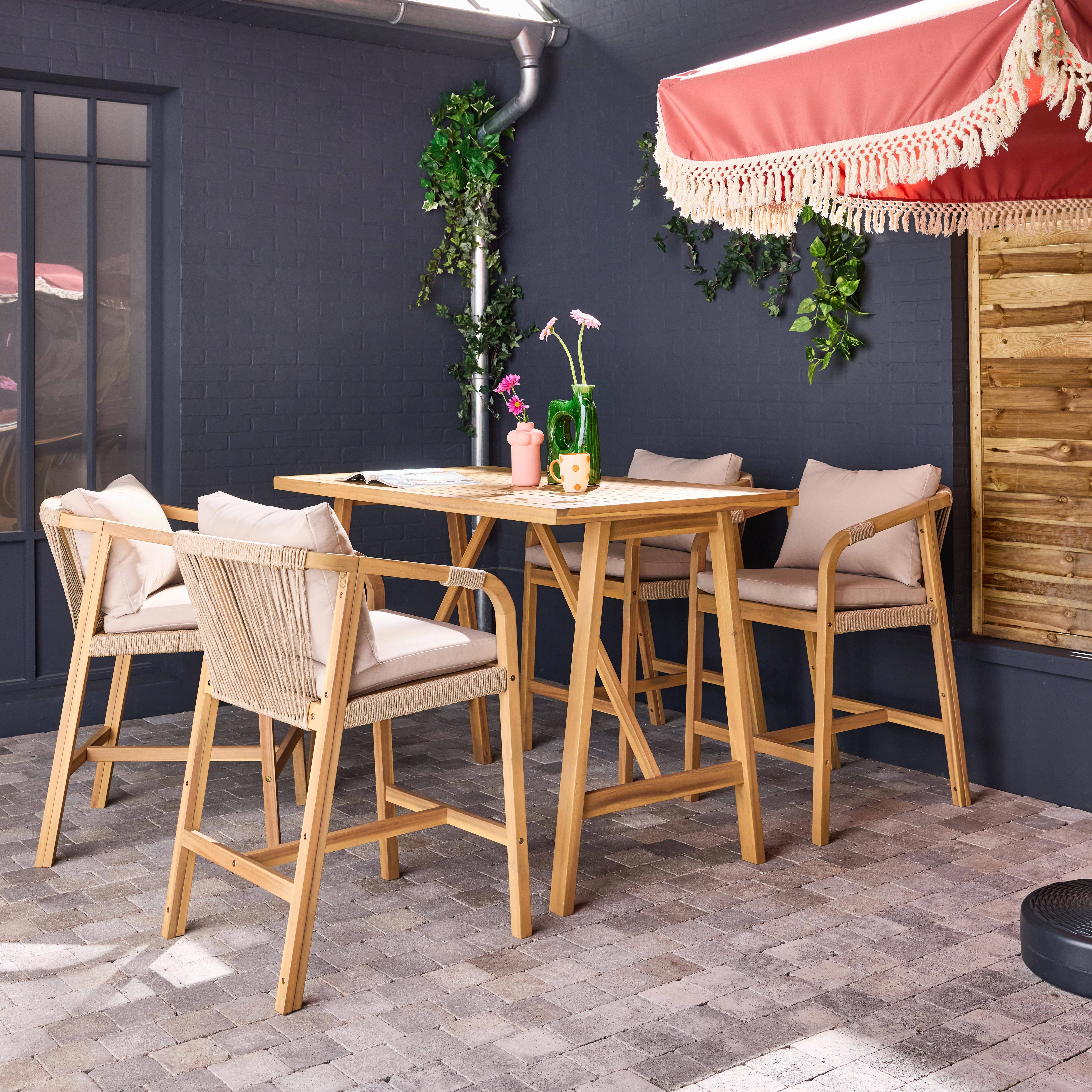 Paloma - Mesa alta de jardín de madera de acacia con 4 sillones
