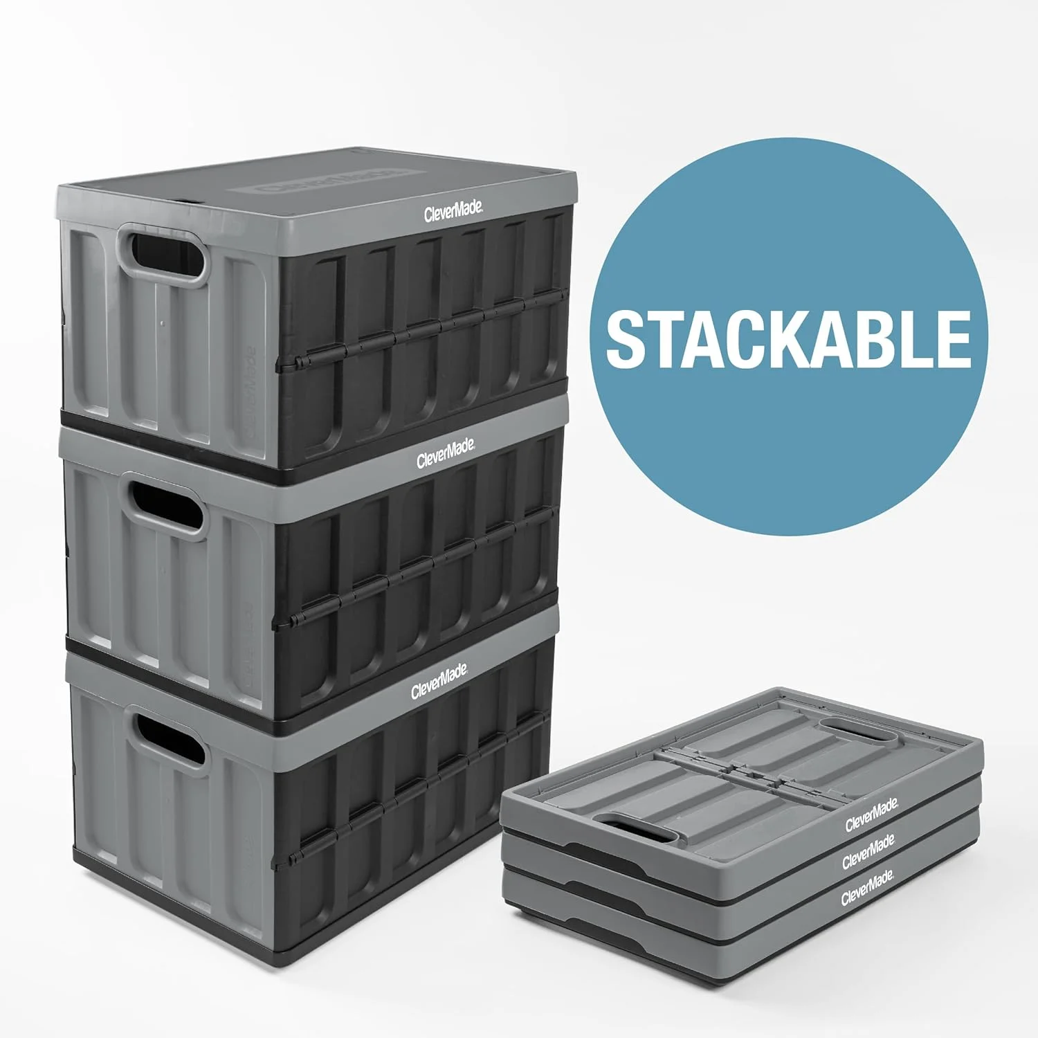 CleverMade 3 Pack Stackable Collapsible Storage Bin with Lids - 16 Gal Ocean - Image 7