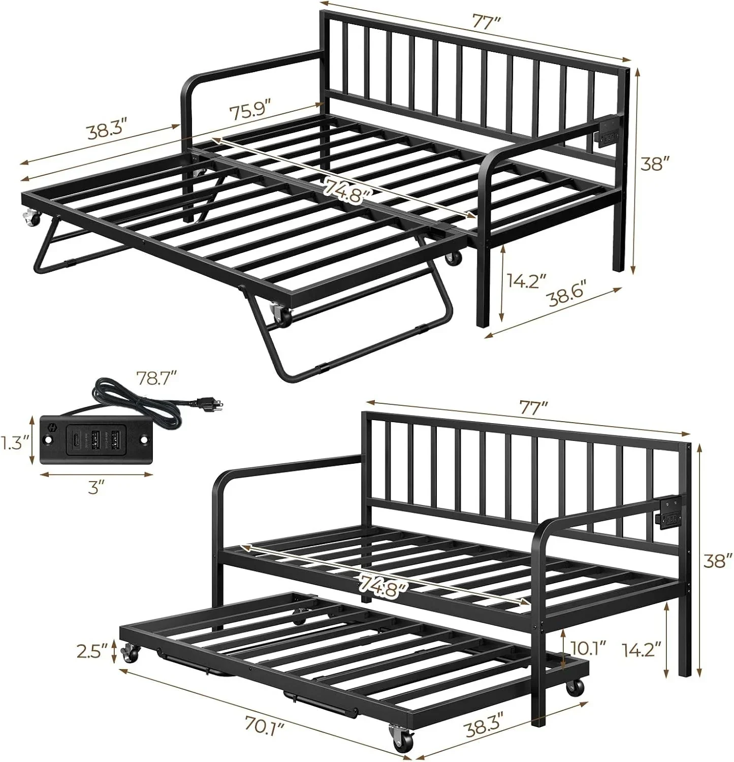 Rolanstar Daybed with Charging Station and LED Lights Height Adjustable Twin Daybed